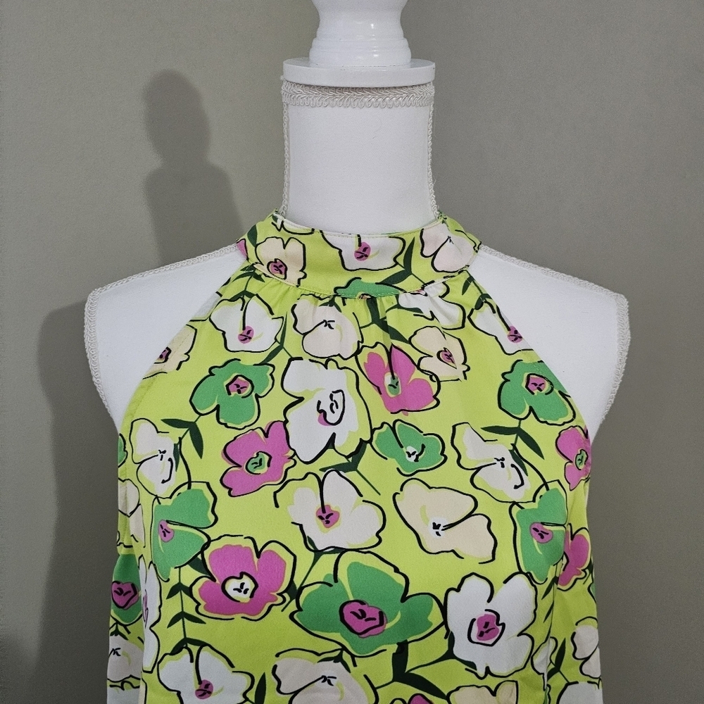 THML Scarf Print Halter Neck Tie Back Sleeveless Chartreuse Floral Y2K Blouse - Picture 5 of 13